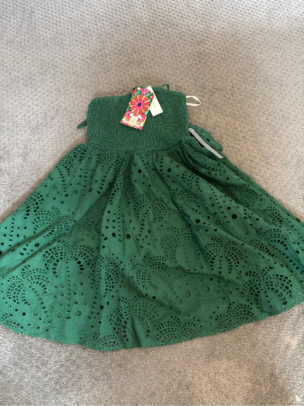 FARM Rio Green Eyelet Smocked Mini Dress